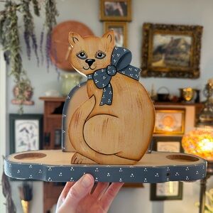 Vintage Country/Cottage Core Wooden Cat Napkin with Salt & Pepper Holder